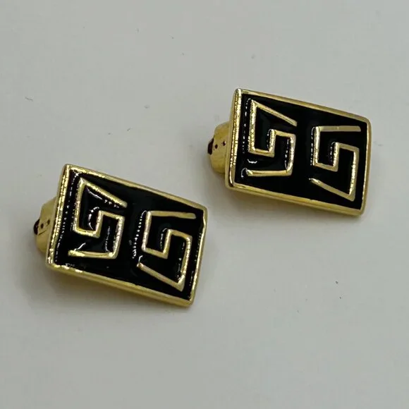 Vintage Gold & Black  Earrings Enamel Greek Key Clip-On 1980s Designer Statement - Picture 12 of 14